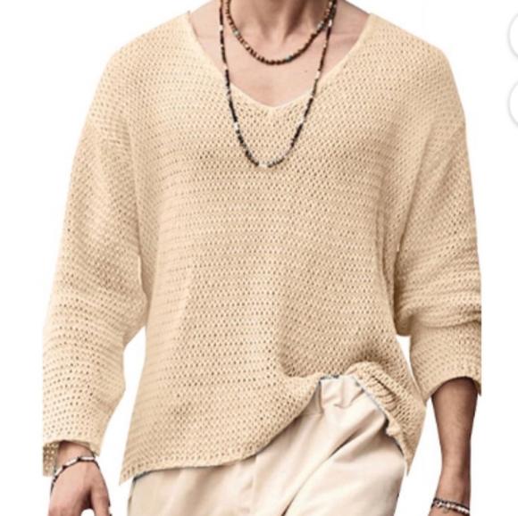 INCERUN Fashion Simple V-Neck Long Sleeve Thin Knitted Sweater Cream XL - Picture 4 of 8